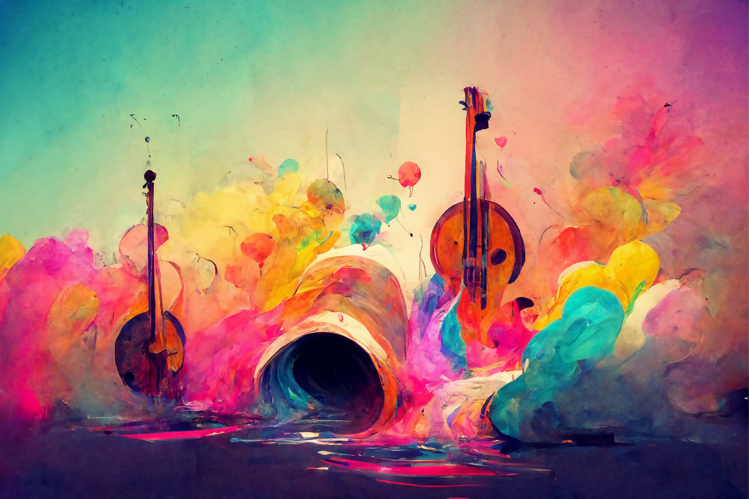 A colorful abstract painting depicting several instruments.