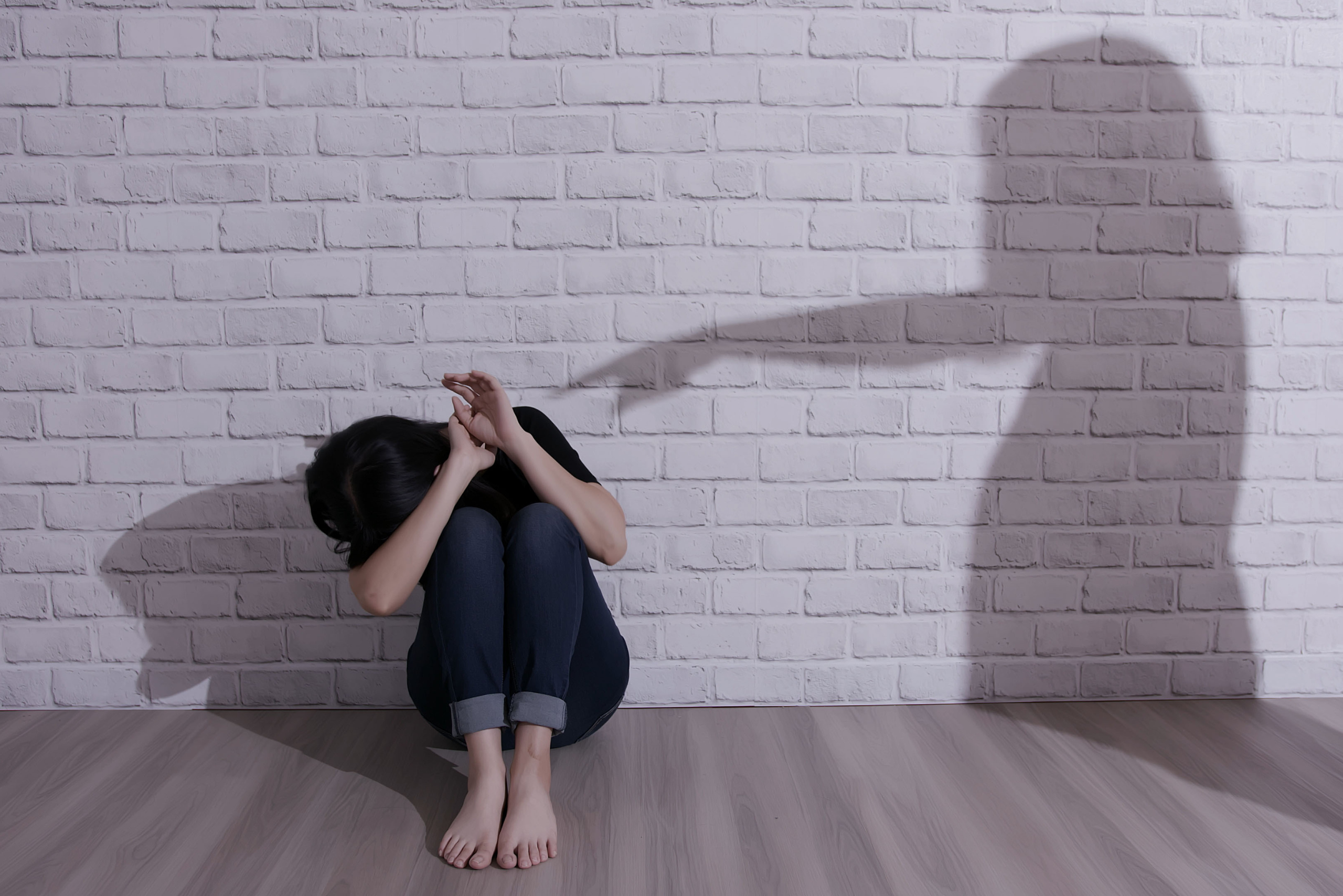 A person sits in a fetal position against a gray brick wall. The shadow of a pointing figure is directed at the sitting individual.