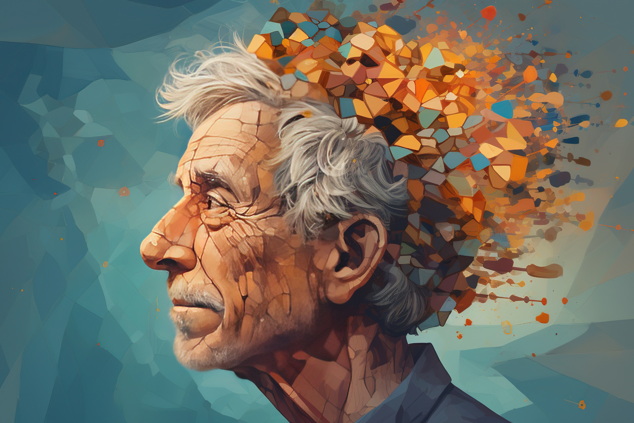 An artistic illustration of an older man with cracks on his face and neck. The back of his head erupts into a chaotic burst of colors and shapes.