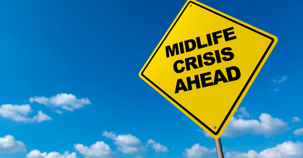 Yellow traffic sign that says midlife crisis ahead