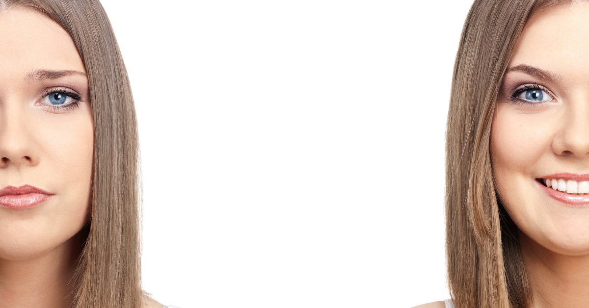 Two halves of a woman's face are on opposite sides of the screen, one is sad, one is happy.