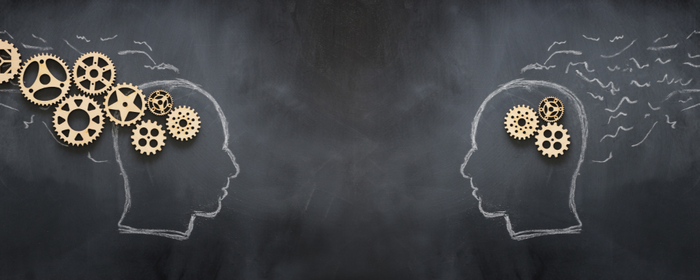 Two heads with gears for brains facing each other, connected by the gears.