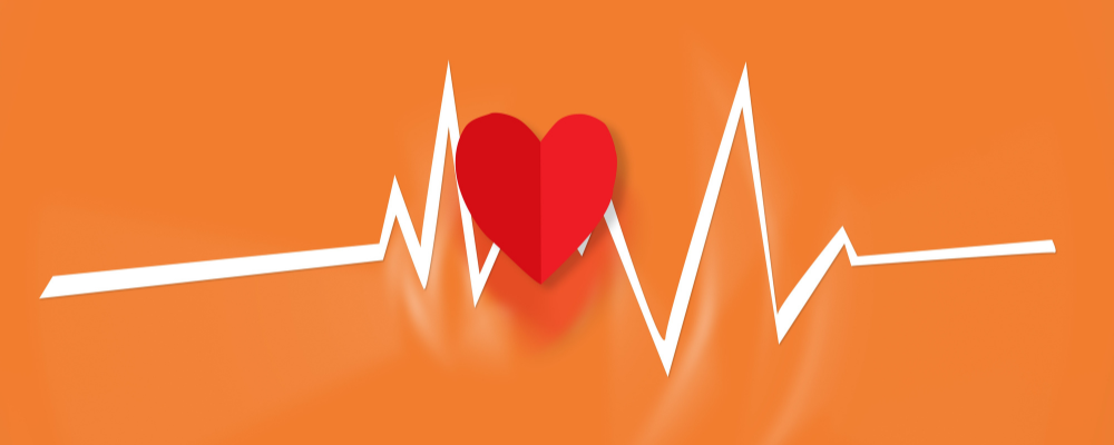 Red heart superimposed on a white heartbeat line against an orange background.