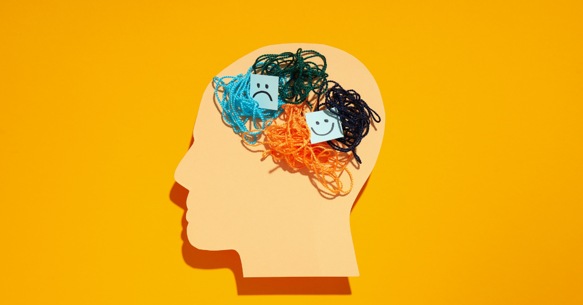 Illustration of a head silhouette filled with tangled yarn, featuring two sticky notes. Struggling with pressured speech.