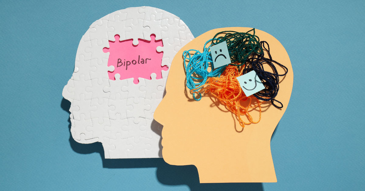 Illustration of two heads, one shaped like a puzzle with the word “Bipolar” and another showing tangled emotions, representing the complexity of bipolar disorder.