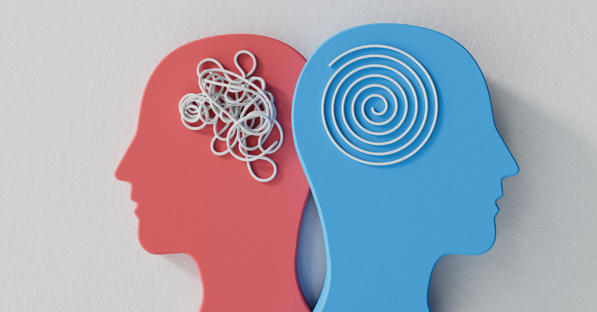 Illustration of two human head silhouettes, one red and one blue. The red head has a tangled wire symbolizing confusion or anxiety, while the blue head has a neatly spiraled wire representing clarity and calmness, depicting mental health contrasts.