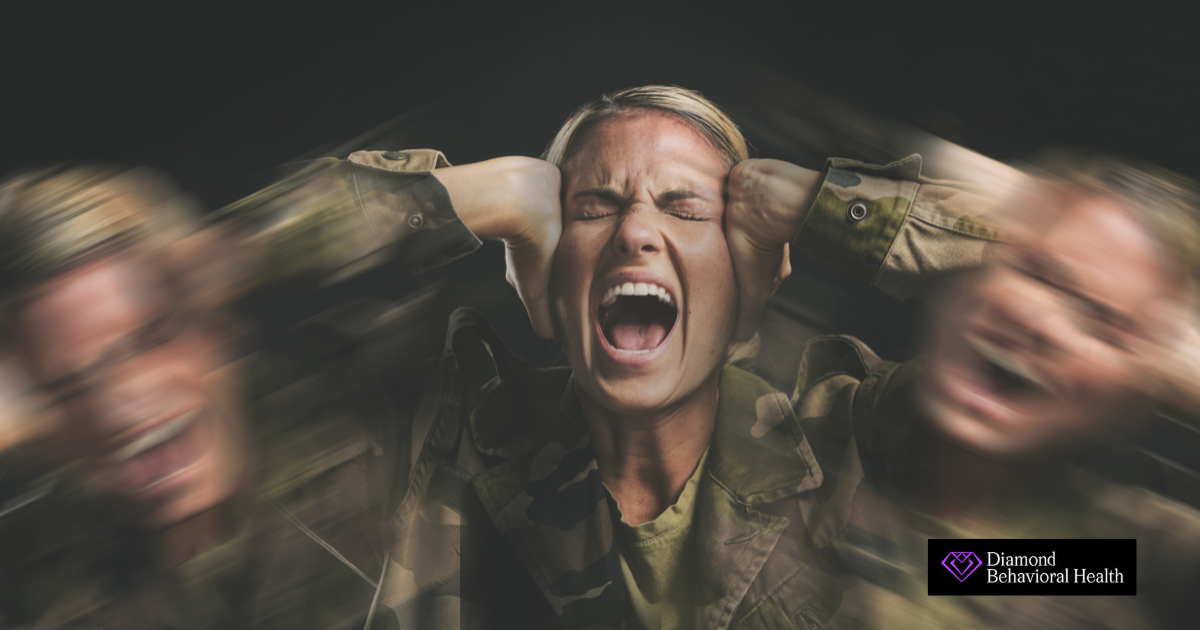 A distressed woman in military-style clothing screaming with blurred duplicates of herself on each side, symbolizing the emotional intensity and psychotic symptoms common to both schizoaffective disorder and schizophrenia, with Diamond Behavioral Health branding.